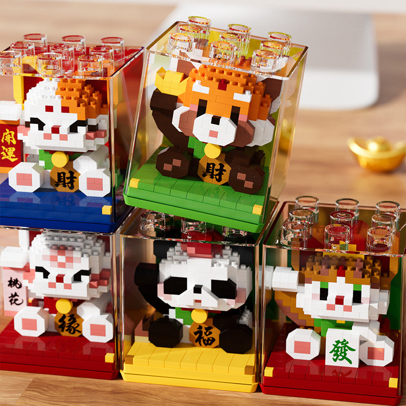 Lucky Cat Panda Neujahrsgeschenke Bausteine Versammlung Bildung Kinderspielzeug Kindergeschenkerlebnis kleine Ornamente