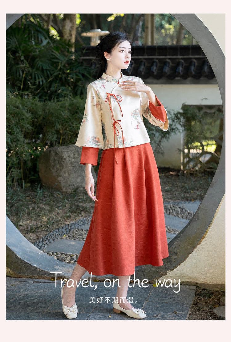 Frühlings- und Herbst neuer chinesischer Retro National Style Lady Print Deerskin Velvet Tang Kostüm geändert Hanfu Zen Teeanzug Set Set