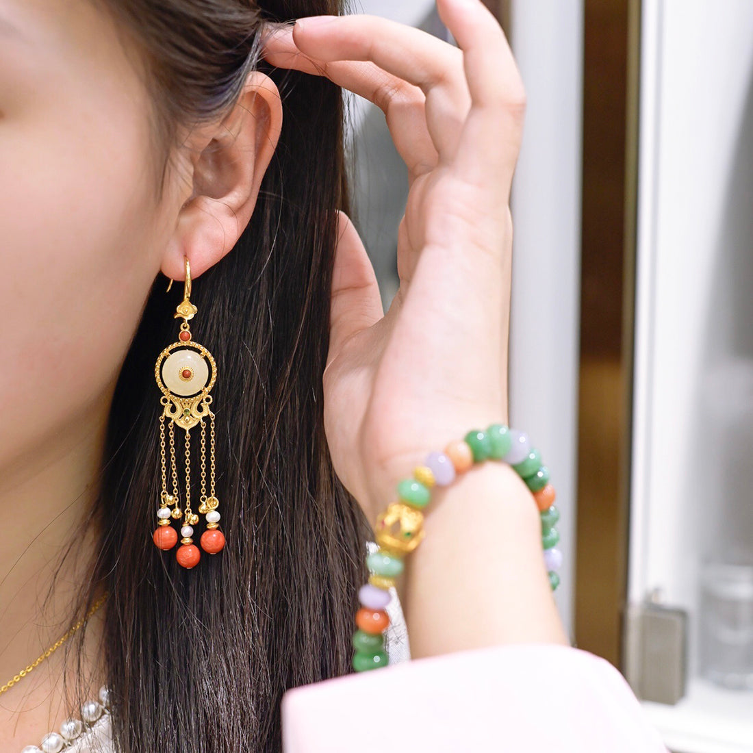 Ancient Style Long Tassel Hetian Jade Malachite Auspicious Cloud Earrings