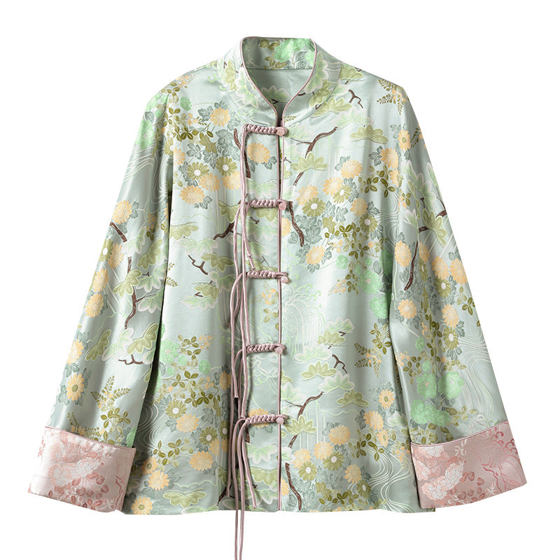 Neue chinesische Stil Ethnischer Stil 32 Momme Heavy Seidentife Frauen Herbst Tang Anzug Kleidung