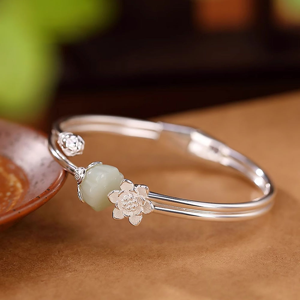 Pure Silver Hetian Jade Lotus Bracelet Adjustable Chinese Jewelry-1