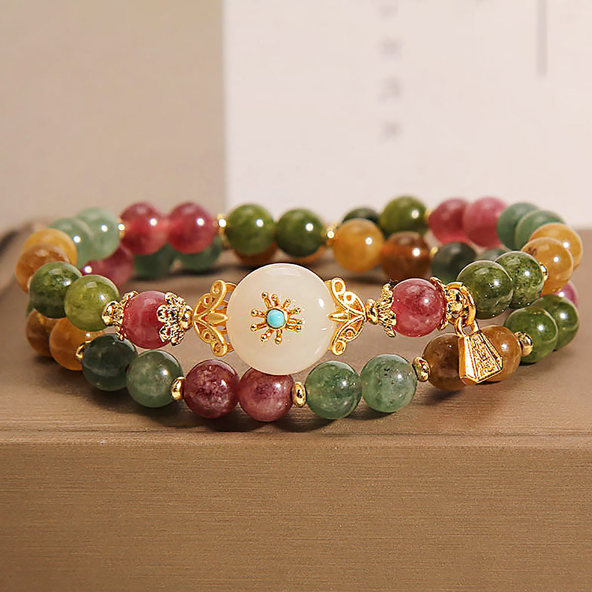 Natural Color Tourmaline Double Ring Bracelet with Jade Flower-2
