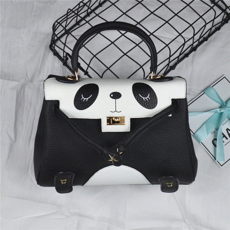 Panda Printing Genuine Cowhide Lychee Lines Women Commuting Bag-1