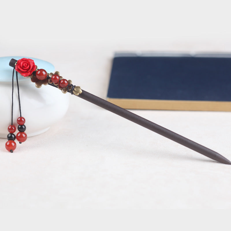 Red Agate Rose Vintage Hairpin-2