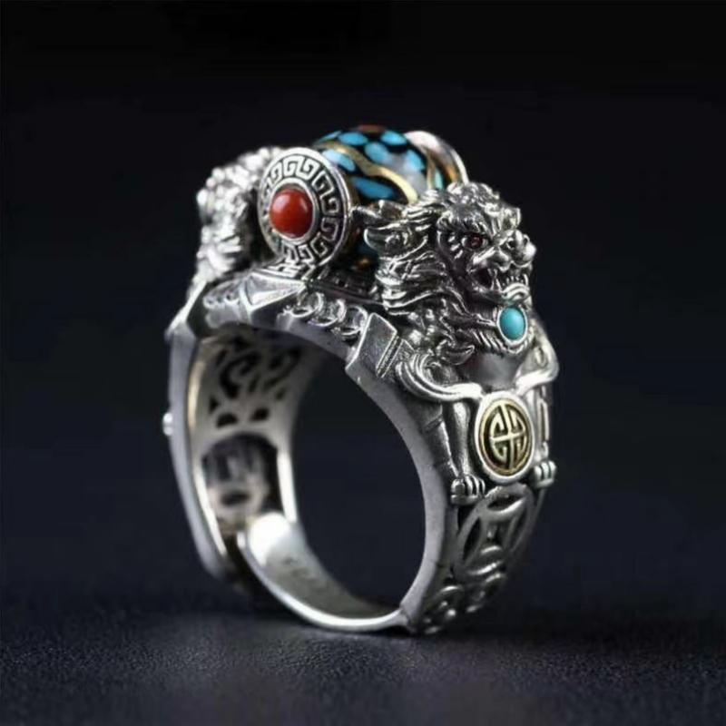 Tang Lions Playing with Beads Adjustable Opening Ring-1