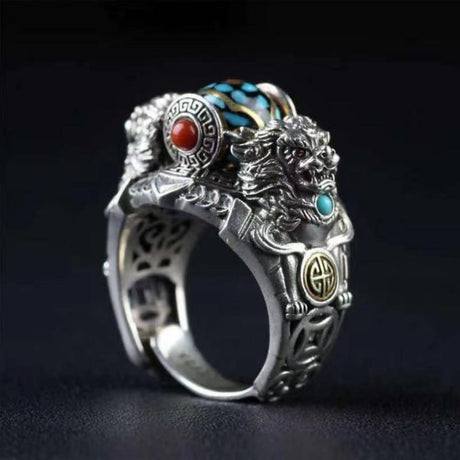 Tang Lions Playing with Beads Adjustable Opening Ring-1