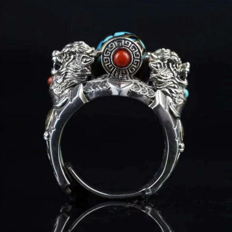 Tang Lions Playing with Beads Adjustable Opening Ring-2