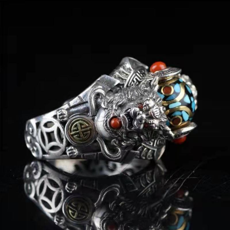 Tang Lions Playing with Beads Adjustable Opening Ring-3