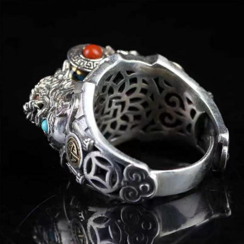 Tang Lions Playing with Beads Adjustable Opening Ring-4