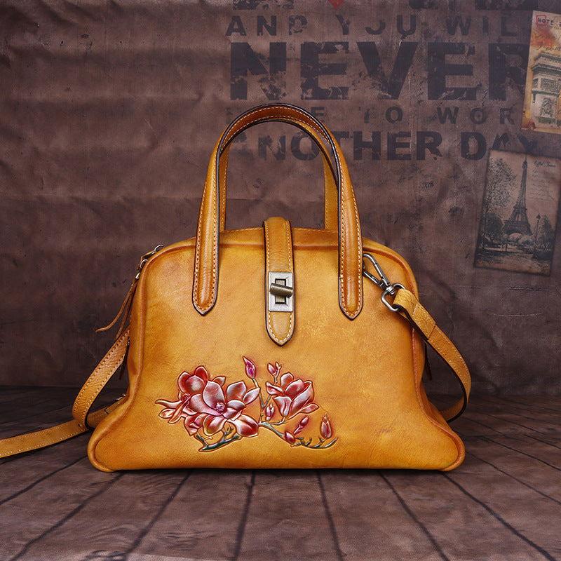 Top Layer Cowhide Vintage Embossed Handbag-4