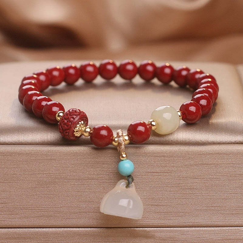 Vintage Style White Chalcedony Lotus Cinnabar Bracelet-1
