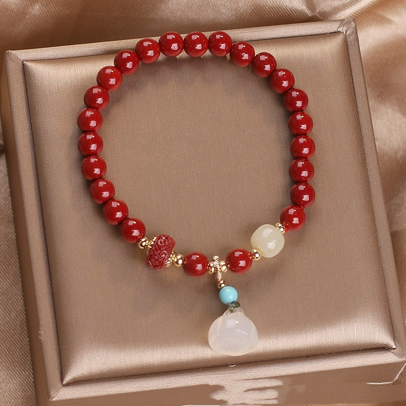 Vintage Style White Chalcedony Lotus Cinnabar Bracelet-2