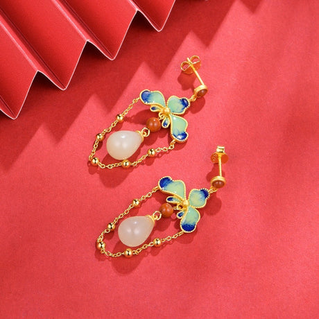 Women's Retro Style Hetian Jade Flower Silver Earrings-2