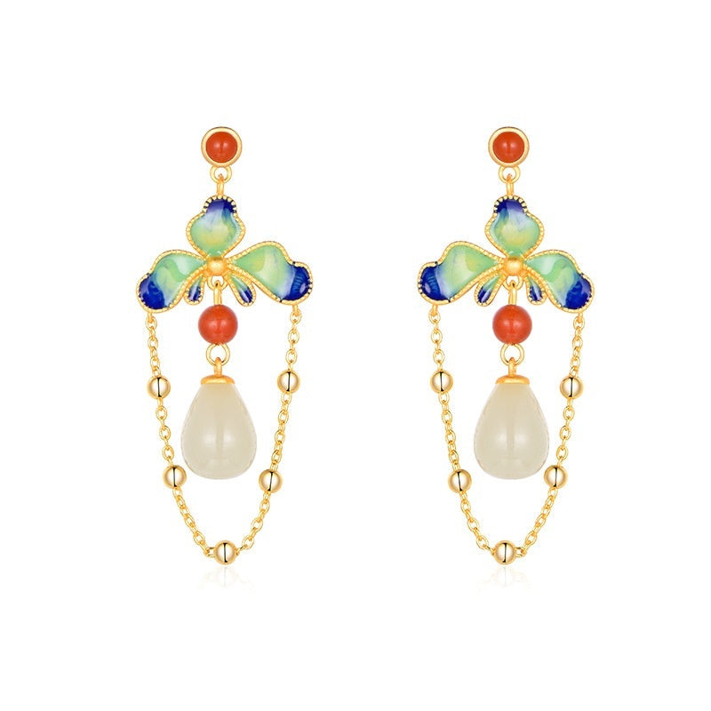 Women's Retro Style Hetian Jade Flower Silver Earrings-4
