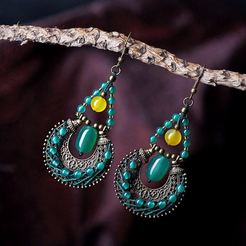 Yunnan Ethnic Style Antique Copper Green Agate Earrings-3