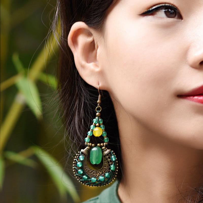 Yunnan Ethnic Style Antique Copper Green Agate Earrings-4