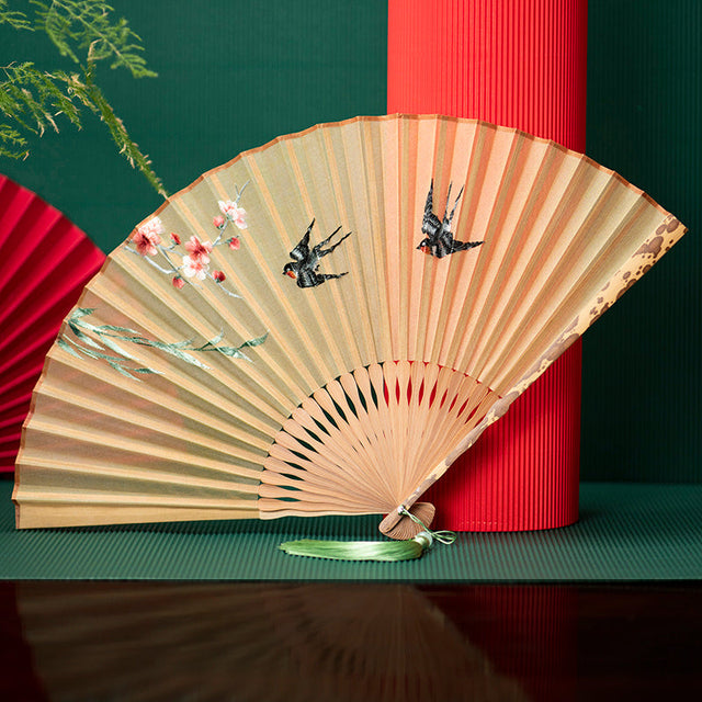 Bird and Flower Embroidered Silk Folding Fan Bamboo Frame Retro Style-1