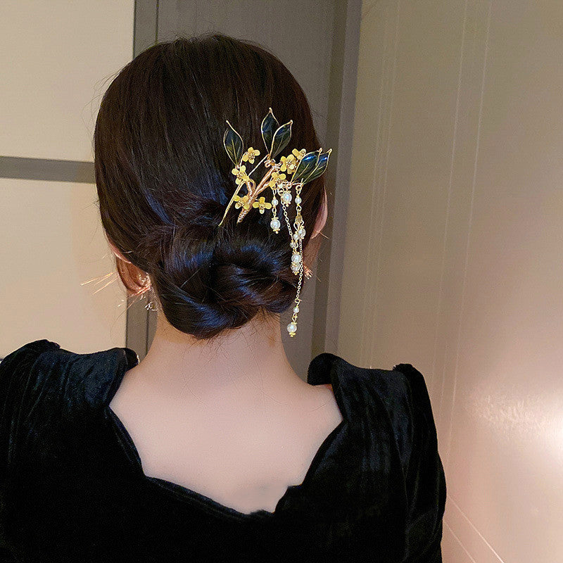 Frauen Blumenblatt Perle Quasten Haarnadel