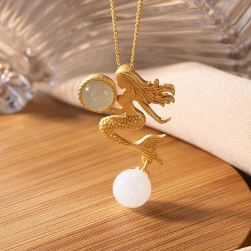 Sterling Silber Hetian Jade Vintage Court Meerjungfrau Lady Anhänger