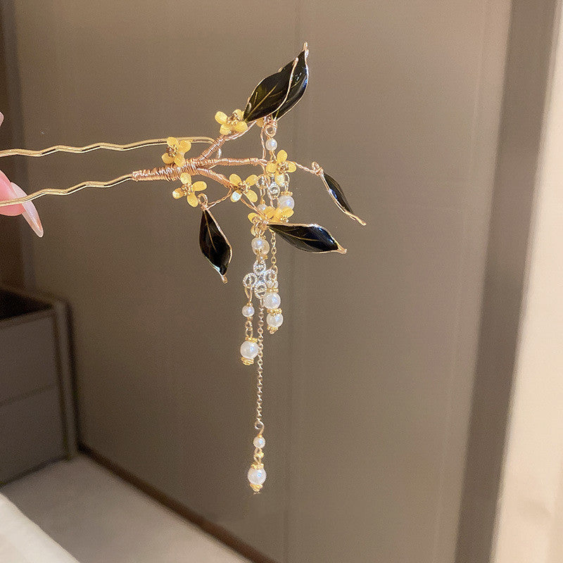 Frauen Blumenblatt Perle Quasten Haarnadel