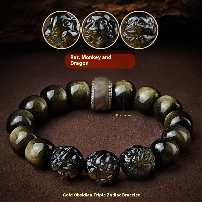 Five Gods of Wealth Lucky Beads Bracelet Zodiac Gold Obsidian Handheld Rosary
