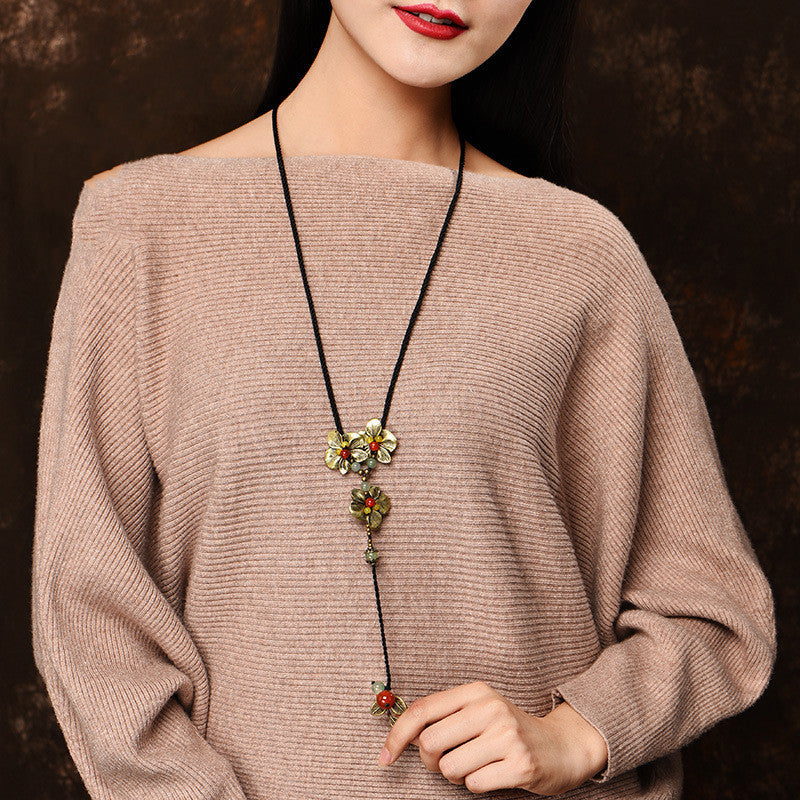 Langes Bronze -Achat -Halskette im ethnischen Stil