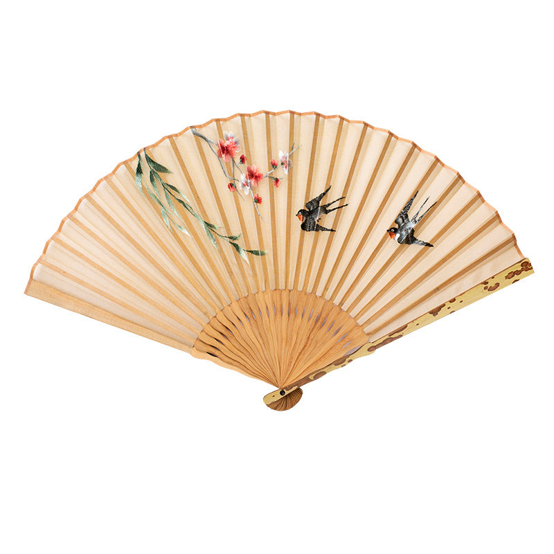 Bird and Flower Embroidered Silk Folding Fan Bamboo Frame Retro Style-5