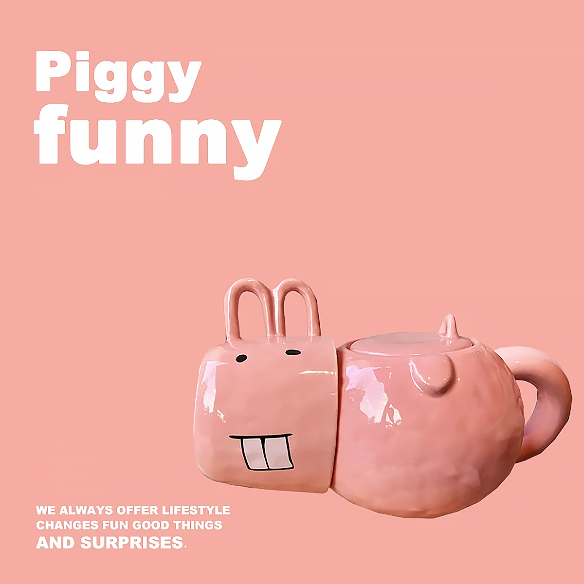 Funny Pig Nose Ceramic Teapot and Mug Set Gift-7
