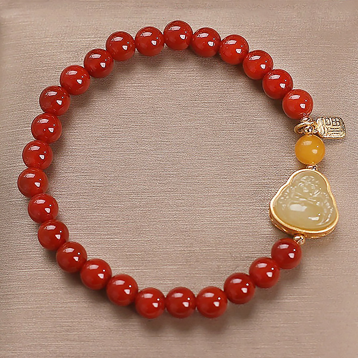 Southern Red Agate Beaded Bracelet with Jade Buddha and 14K Gold Inlay for Women-4