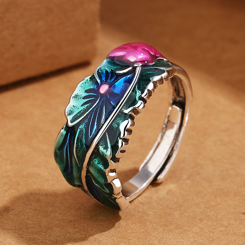 Vintage Thai Silver Chinese Style Cloisonne Sechs Wörter Mantra Lotus Ring