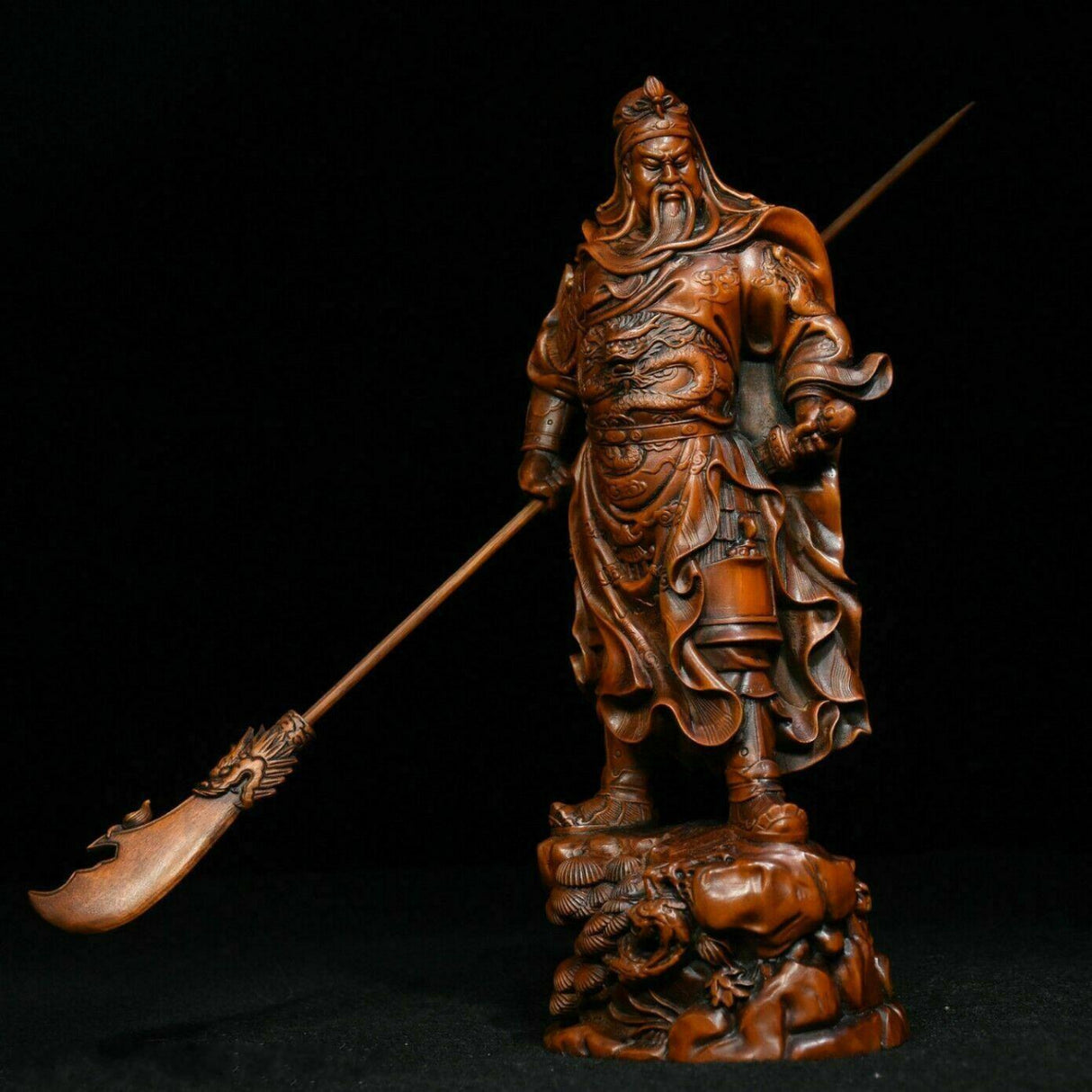 Gongwu God of Wealth Statue Boxwood schnitzt Guan Erye Antike Figur Ornamente