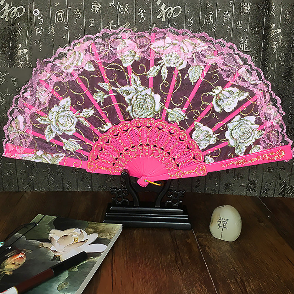 Chinese Lace Dance Fan in Classical Wing Chun Style with Bamboo Frame-5