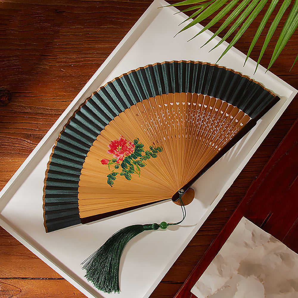 Ancient Style Dark Green Cherry Blossom Summer Portable Folding Fan-5