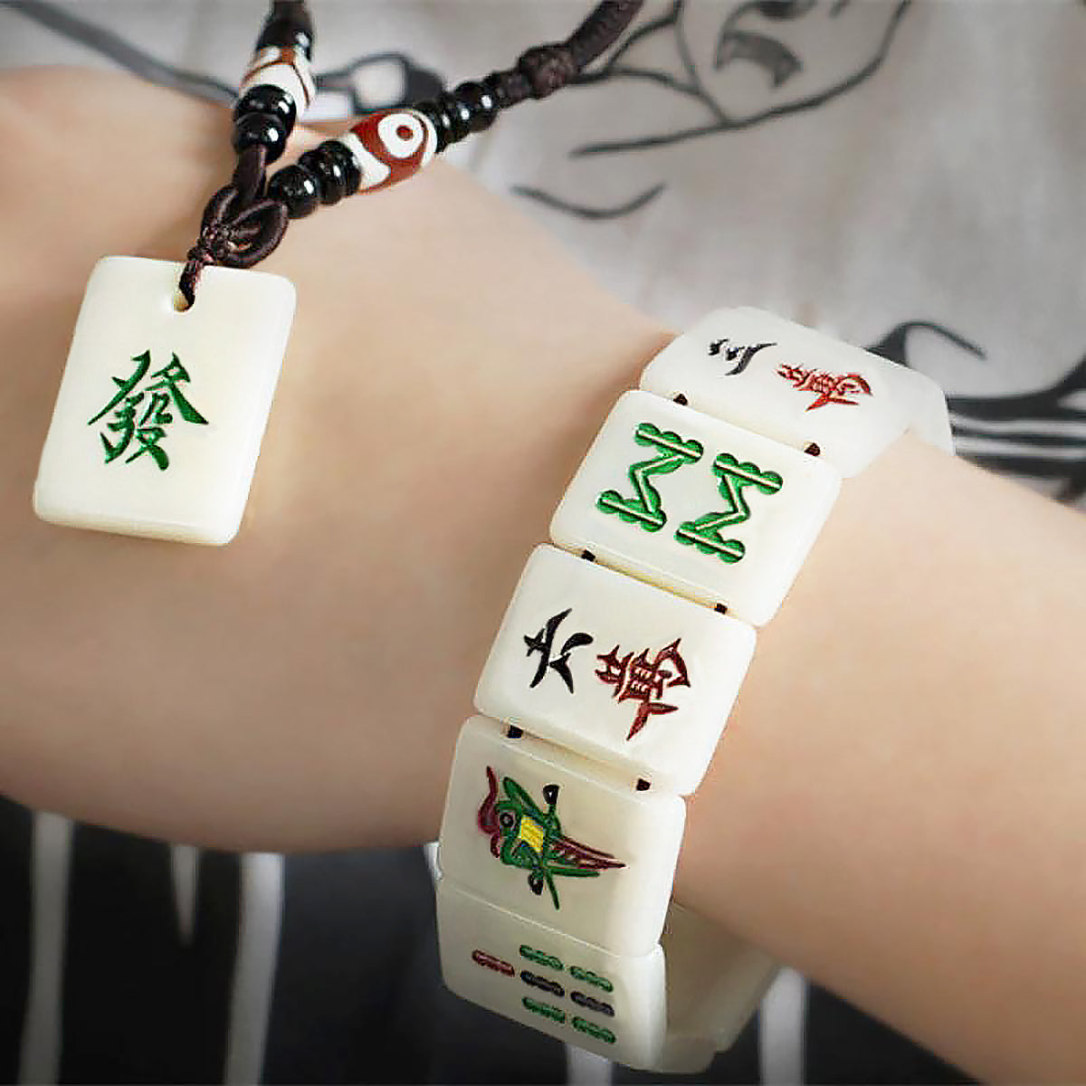 White Acrylic Lucky Mahjong Beads Bracelet for Women & Men-1