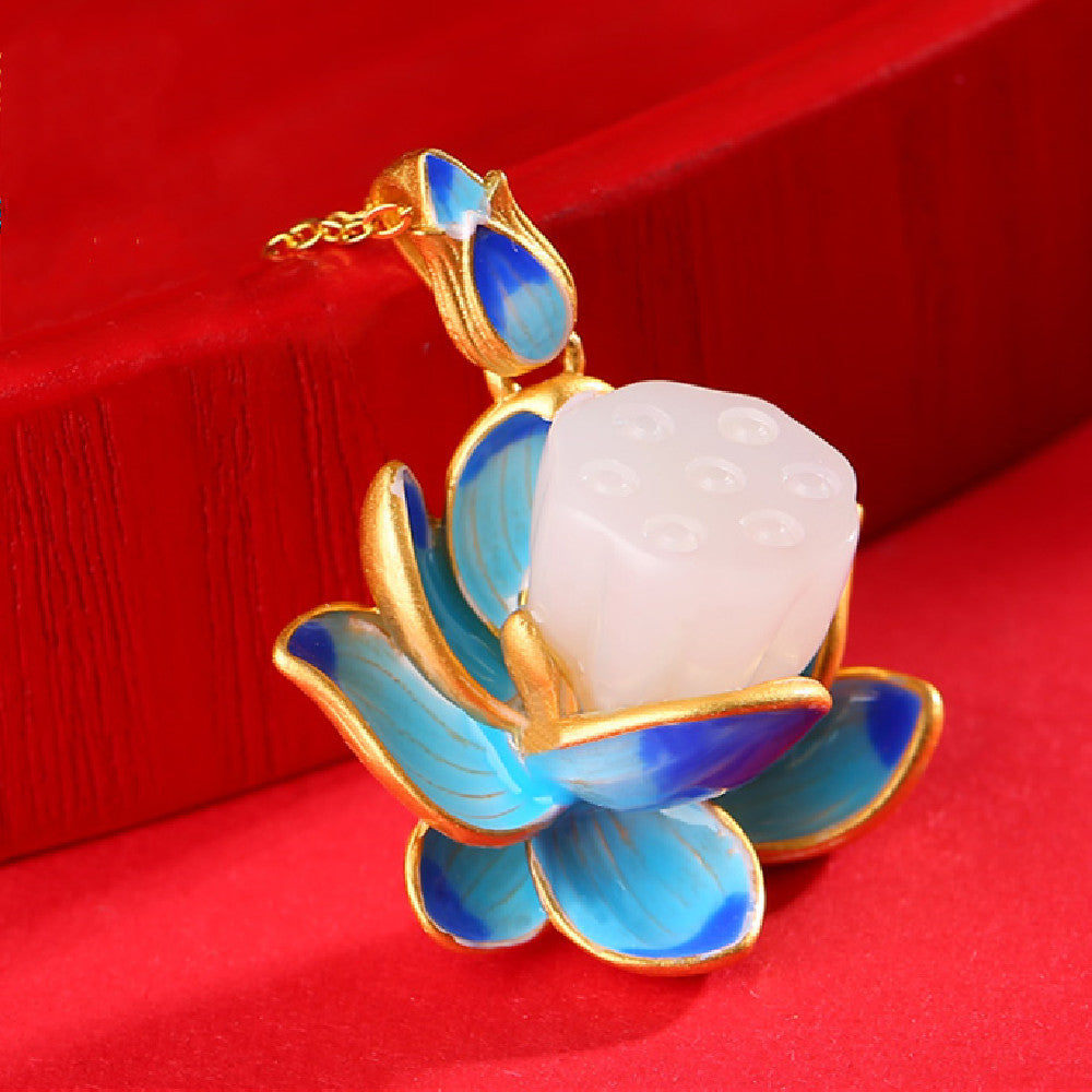 Hotian Jade Anhänger Silberstil für Frauen Emaille Lotus Halskette
