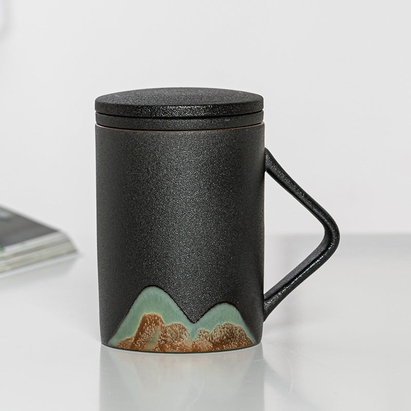 Werkseitig kreative Yuanshan handbemalte Becher Holzgriff Keramik-Teetasse mit Deckelfilter dreiteiliges Büro Haus