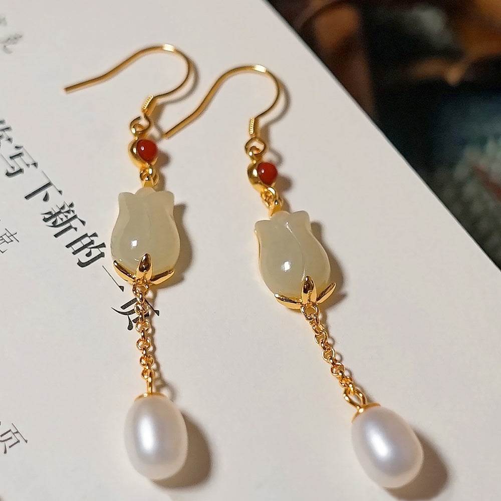Gold Plated Hetian Jade Long Tassel Earrings Gift for Wife-2
