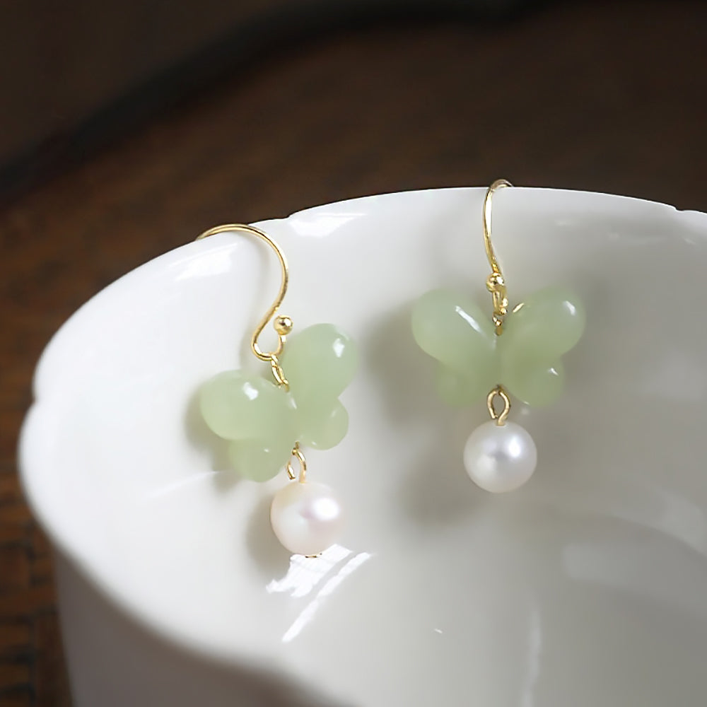 Hetian Jade Butterfly Earrings with Pearl Accents Chinese Style-2