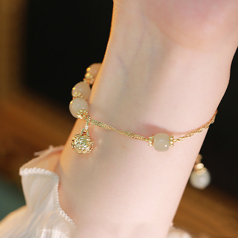 Natural Hetian Jade Beaded Bracelet Women Ancient Style Retro Jewelry-3