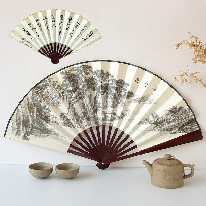 Chinese Silk Folding Fan Bamboo Frame Classical Print Gift for Him-6