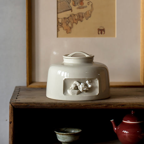 Chinese Ceramic Tea Caddy Retro Plum Blossom Plant Ash Jar-1