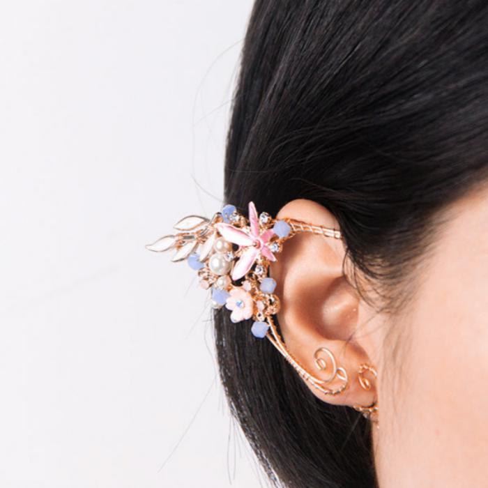 Hanfu elf earrings with floral Chinese hairpin design
