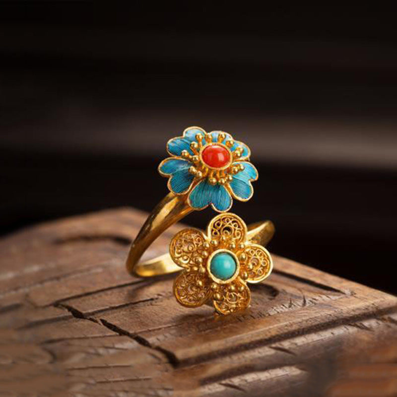 Natural Red Achat Ring Doppelblume Hetian Jade Frauenring Vintage Court Style Style