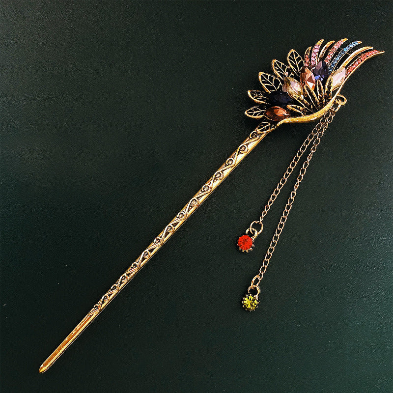 Feather Rhinestone Long Tassel Super Fairy Retro Hanfu Ancient Costume Coil Hair Headdress Bride Hairpin