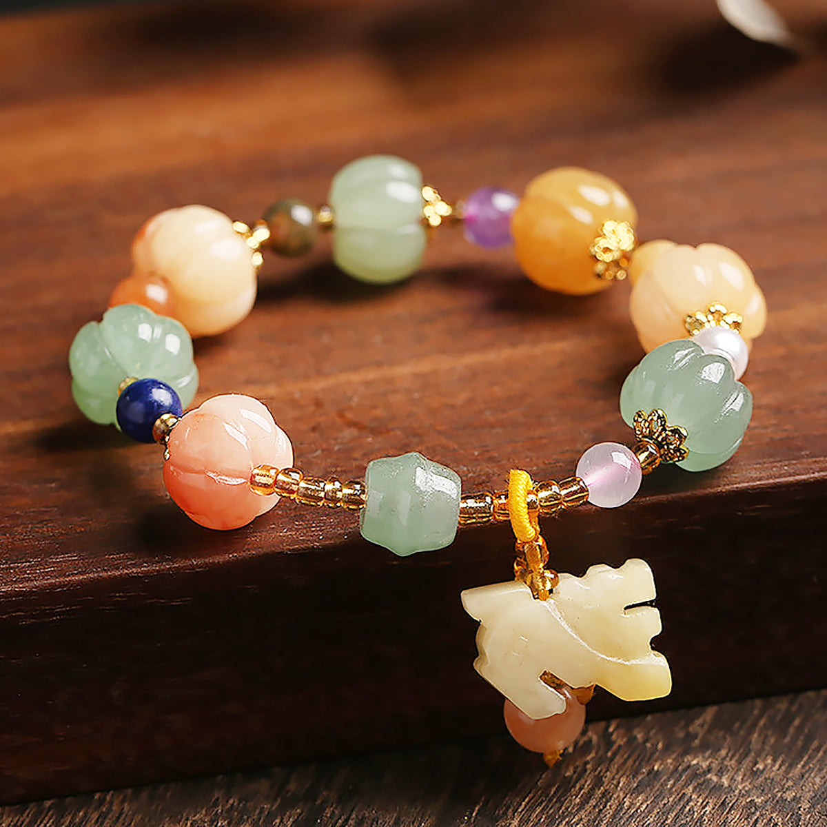 Natural Gold Filigree Jade Pumpkin Bracelet for Luck and Style-6