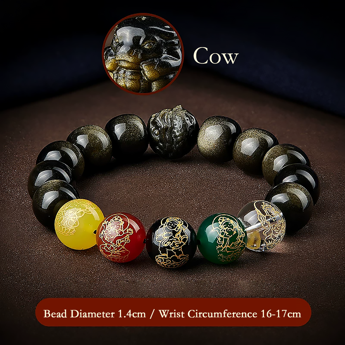 Five Gods of Wealth Lucky Beads Bracelet Zodiac Gold Obsidian Handheld Rosary-3