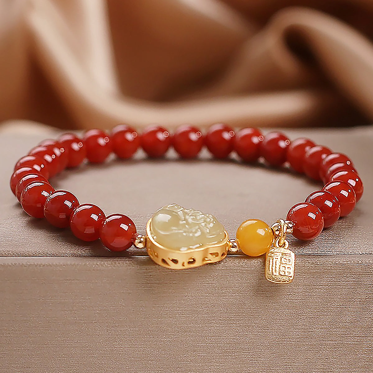 Southern Red Agate Beaded Bracelet with Jade Buddha and 14K Gold Inlay for Women-2