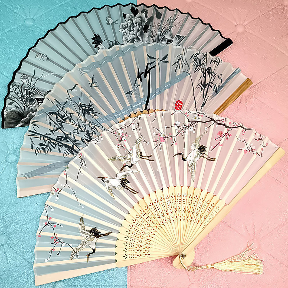 Floral Patterns with Tassel Portable Bamboo Silk Folding Fan-1
