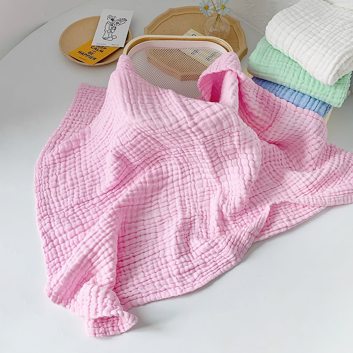Plain Color 6-Layer Cotton Gauze Kids Quilt Bubble Cotton Blanket-7