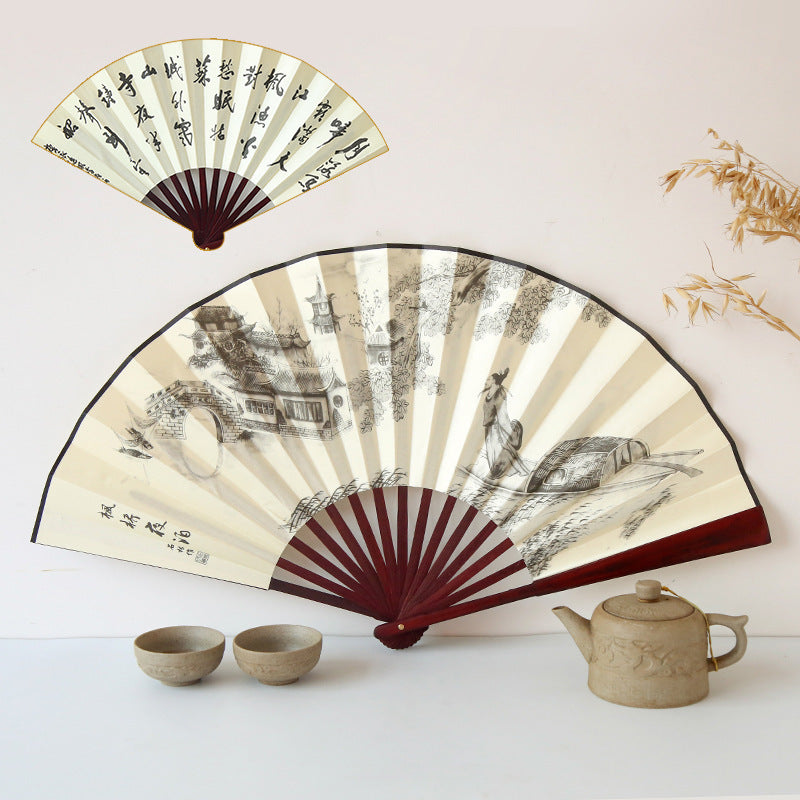 Chinese Silk Folding Fan Bamboo Frame Classical Print Gift for Him-4
